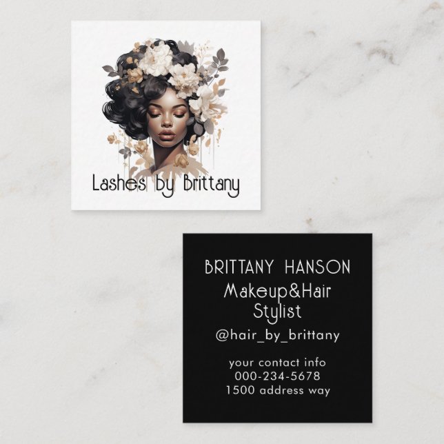 Beautiful Black Woman Hair Makeup Stylist Square Business Card (Front/Back)