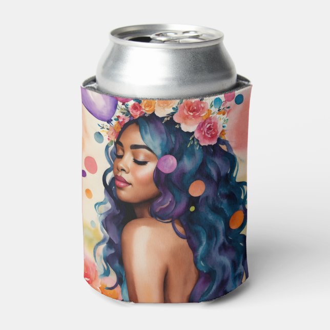 Beautiful Black Woman Multicolor Party Art Can Cooler (Can Front)