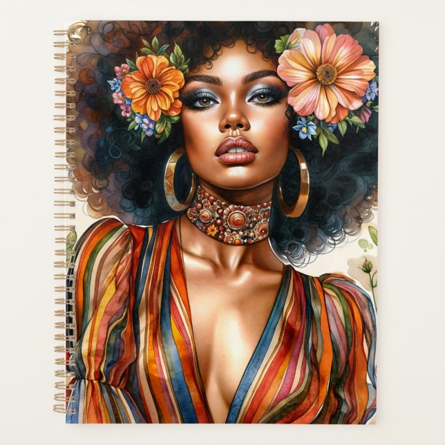 Beautiful Black Woman With Afro 70s Retro Fashion Planner (Front)