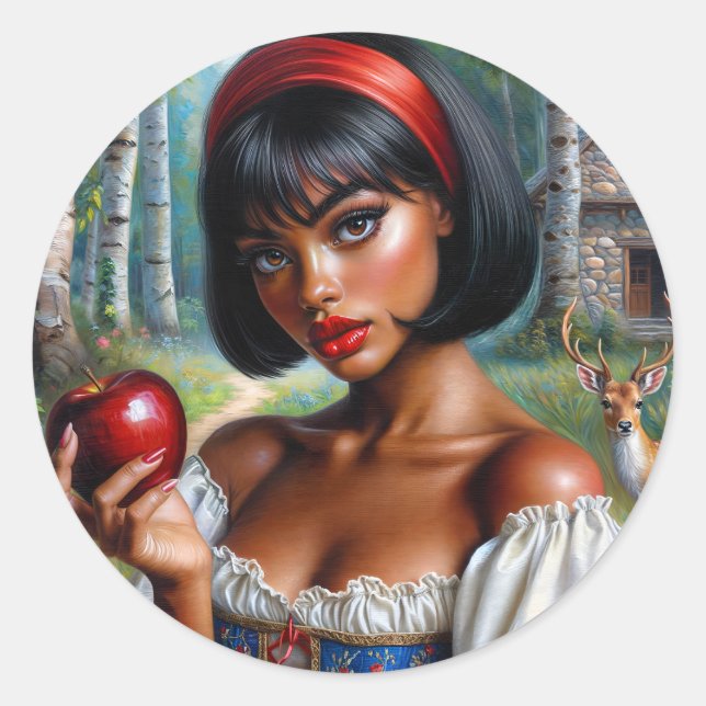 Beautiful Black Woman With Apple Classic Round Sticker (Front)