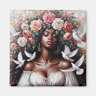 Beautiful Black Woman With Doves Floral Magnet