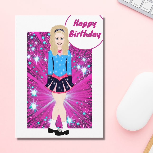 Beautiful Blond Irish Dancer, Pink, Blue Birthday Card (Creator Uploaded)