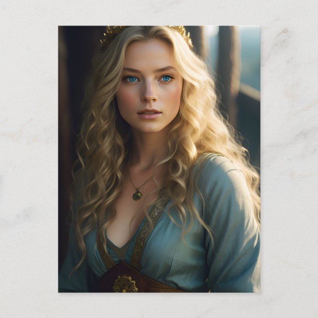 Beautiful Blonde Curls Woman in Blue and Gold Dres Postcard (Front)