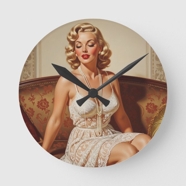 Beautiful blonde pin-up 50's art round clock (Front)