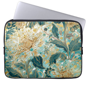 Beautiful Blooming Flowers with Green Gold Pattern Laptop Sleeve