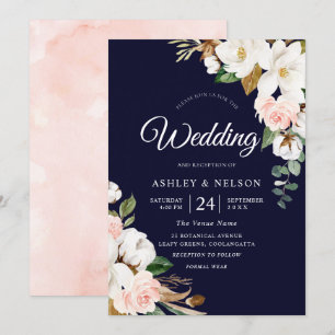 Beautiful Blooming White & Blush Floral Wedding Invitation