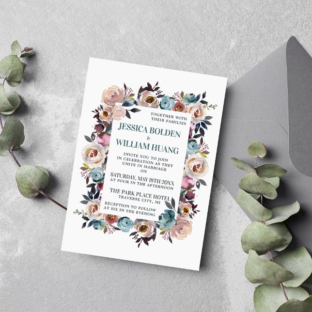 Beautiful Blooms Floral Spring Pastel Teal Wedding Invitation (Creator Uploaded)