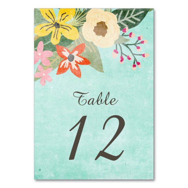 Beautiful Blooms Watercolor Floral Wedding / Aqua Table Number (Front)