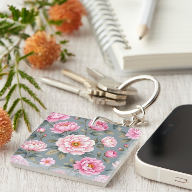 Beautiful blossom pink flowers key ring (Front Right)