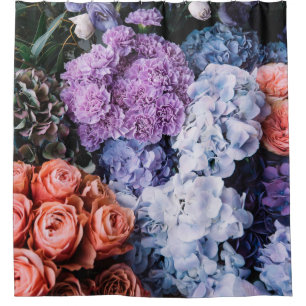 Beautiful blossoming flowers (roses, hydrangeas, c shower curtain