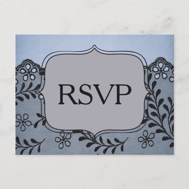 Beautiful Blue and Black Faux Lace RSVP Invitation Postcard (Front)