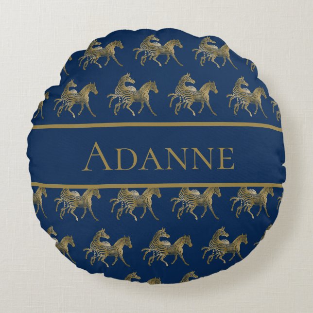 Beautiful Blue and Gold Zebra Print Round Cushion (Front)