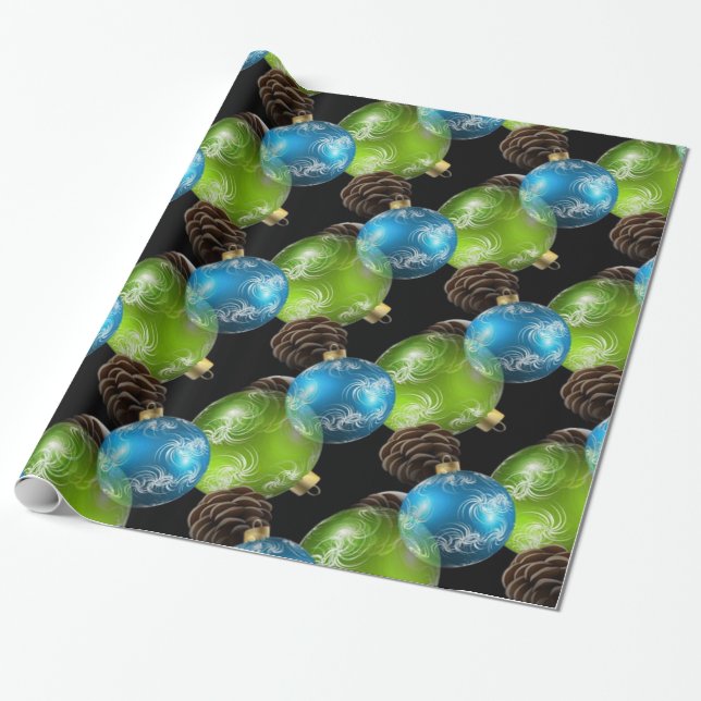 Beautiful Blue and Green Christmas Balls Wrapping Paper (Unrolled)
