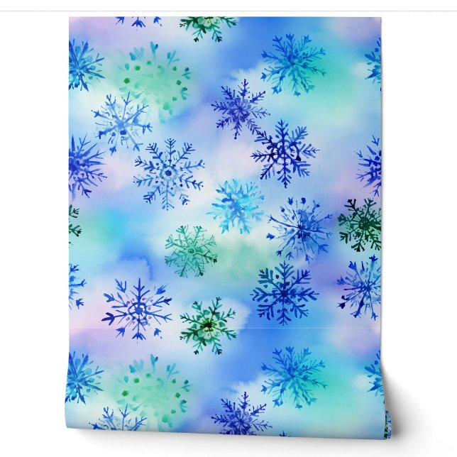 Beautiful Blue and Green Falling Snowflakes Wallpaper (Unrolling)
