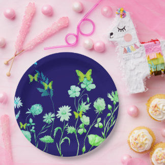 Beautiful blue and green floral and butterfly paper plate