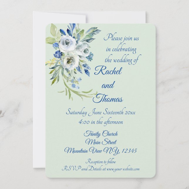 Beautiful Blue And Mint Floral Wedding Invitations (Front)