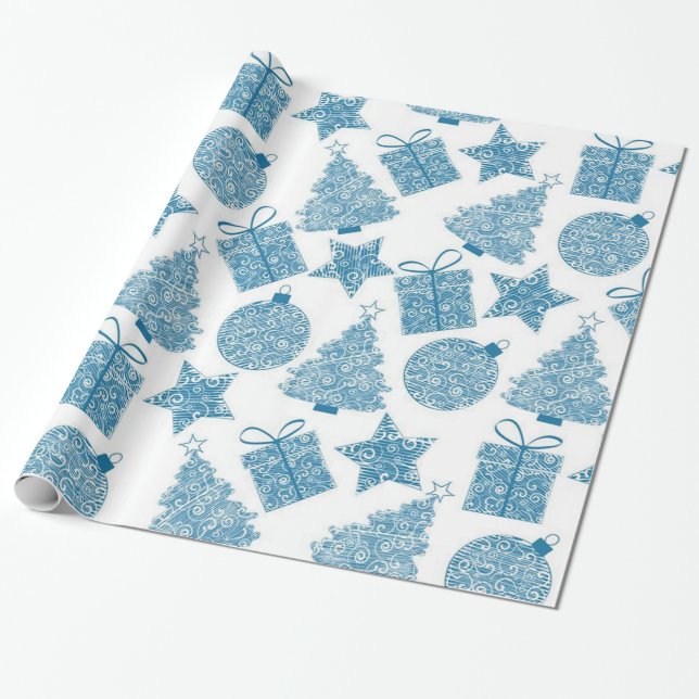 Beautiful Blue and White Christmas Wrapping Paper (Unrolled)