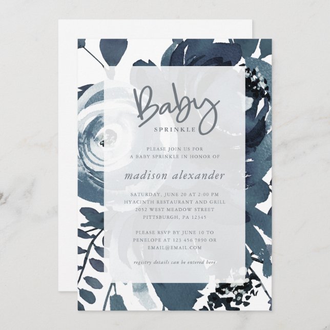 Beautiful Blue and White Floral Baby Sprinkle Invitation (Front/Back)