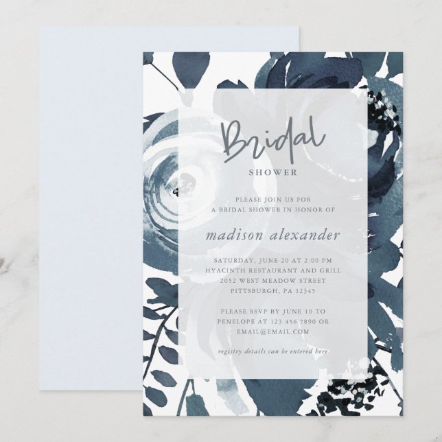 Beautiful Blue and White Floral Bridal Shower Invitation (Front/Back)