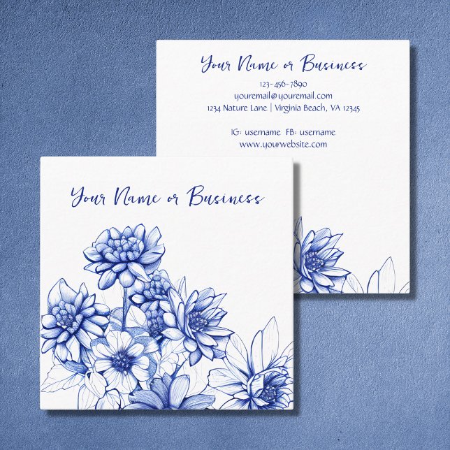 Beautiful Blue and White Flower Sketch Square Business Card (Creator Uploaded)