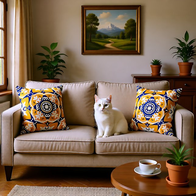 💛💙🤍 Beautiful blue and yellow Azulejos Cushion (💛💙🤍 Beautiful blue and yellow Azulejos Throw Pillow)