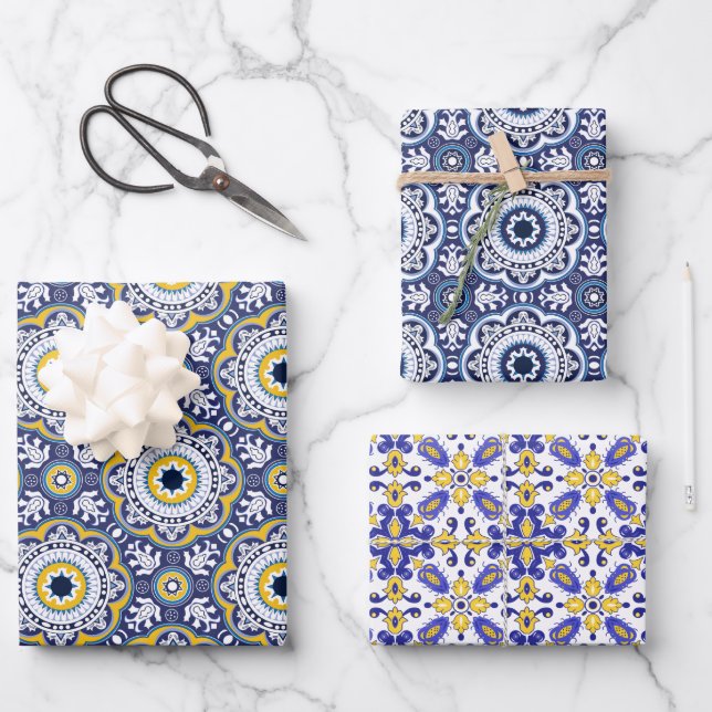 💗 Beautiful blue and yellow Azulejos,  Wrapping Paper Sheet (Front)