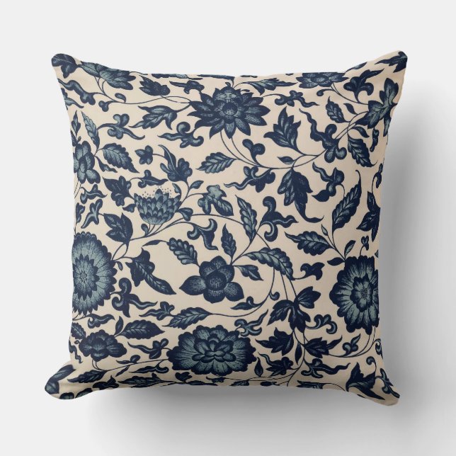 Beautiful Blue Asian Floral Pillow (Front)
