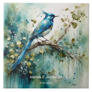 Beautiful Blue Bird. Names & Wedding Date editable Tile
