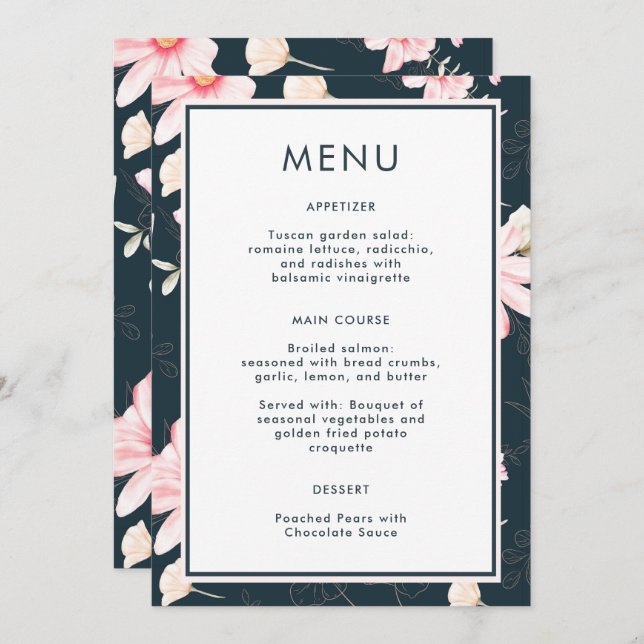 Beautiful Blue Blush Floral Wedding Menu (Front/Back)