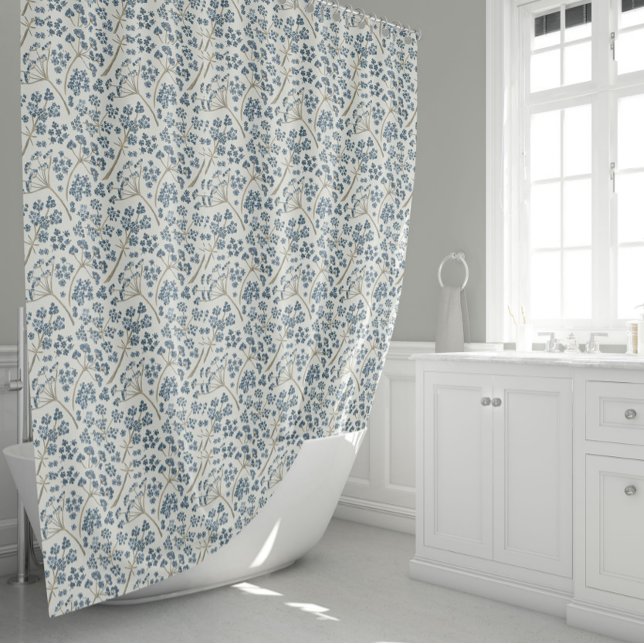 Beautiful Blue Botanical Floral Pattern Shower Curtain (Gorgeous Caraway Flowers Floral Pattern Shower Curtain from Studio Posies.)