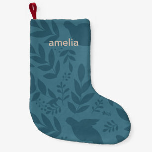 Beautiful Blue Botanical Print with Name Small Christmas Stocking