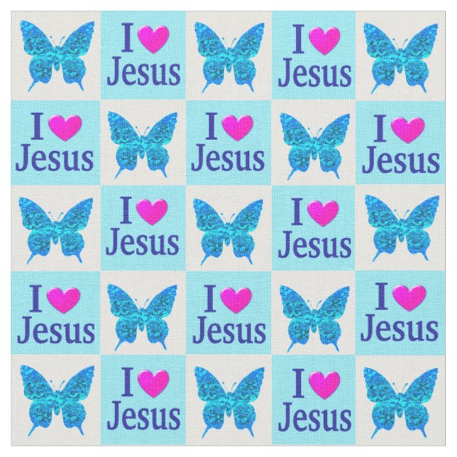 BEAUTIFUL BLUE BUTTERFLY I LOVE JESUS FABRIC (Close Up)