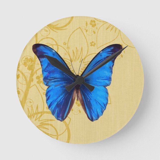 Beautiful Blue Butterfly Vintage art Round Clock (Front)