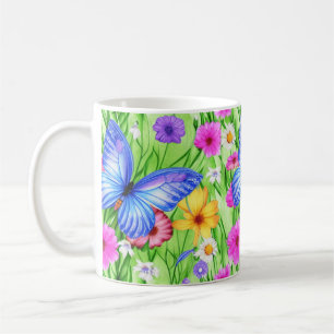 Beautiful Blue Butterfly with flowers Watercolor Coffee Mug