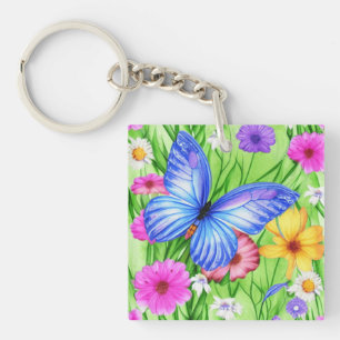 Beautiful Blue Butterfly with flowers Watercolor  Key Ring
