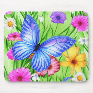 Beautiful Blue Butterfly with flowers Watercolor Mouse Pad