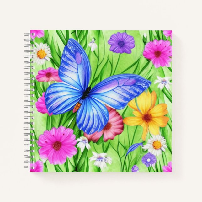 Beautiful Blue Butterfly with flowers Watercolor  Notebook (Front)