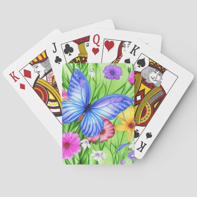 Beautiful Blue Butterfly with flowers Watercolor  Playing Cards (Back)