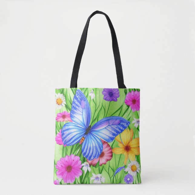 Beautiful Blue Butterfly with flowers Watercolor  Tote Bag (Front)