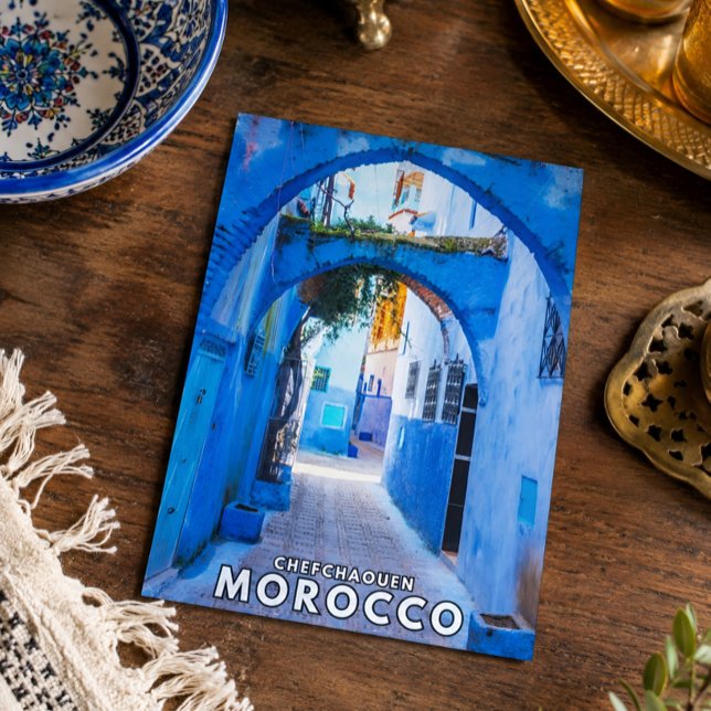 Beautiful Blue Chefchaouen Moroccan Architecture Postcard (Morocco's Chefchaouen blue city postcard. )