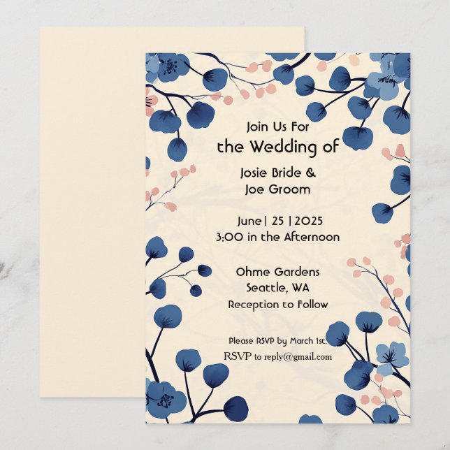 Beautiful blue cherry blossom wedding invitation (Front/Back)