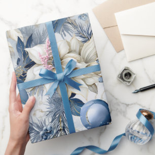 Beautiful Blue Christmas Baubles Xmas Flowers Wrapping Paper
