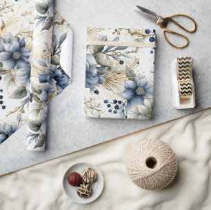 Beautiful Blue Christmas Baubles Xmas Flowers Wrapping Paper