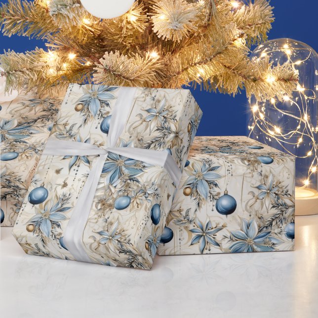 Beautiful Blue Christmas Baubles Xmas Flowers Wrapping Paper (Holidays)