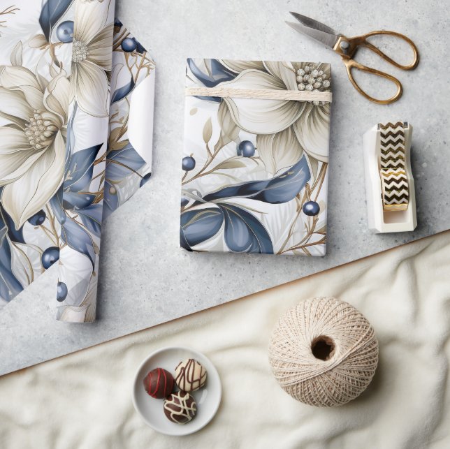 Beautiful Blue Christmas Floral  Wrapping Paper (Crafts)