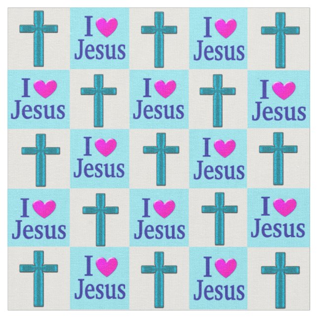BEAUTIFUL BLUE CROSS I LOVE JESUS FABRIC (Close Up)