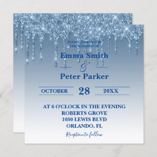 Beautiful Blue Dripping Glitter Wedding Invitation