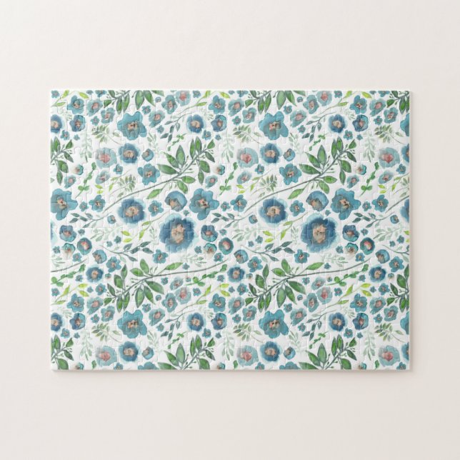 Beautiful Blue Elegant Watercolor Flowers Jigsaw Puzzle (Horizontal)