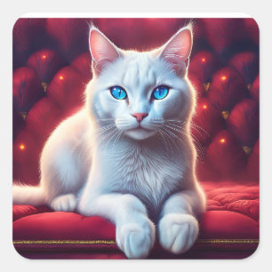 Beautiful Blue Eyed Albino Cat On Exotic Red Sofa Square Sticker