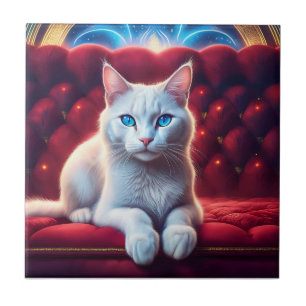 Beautiful Blue Eyed Albino Cat On Exotic Red Sofa Tile